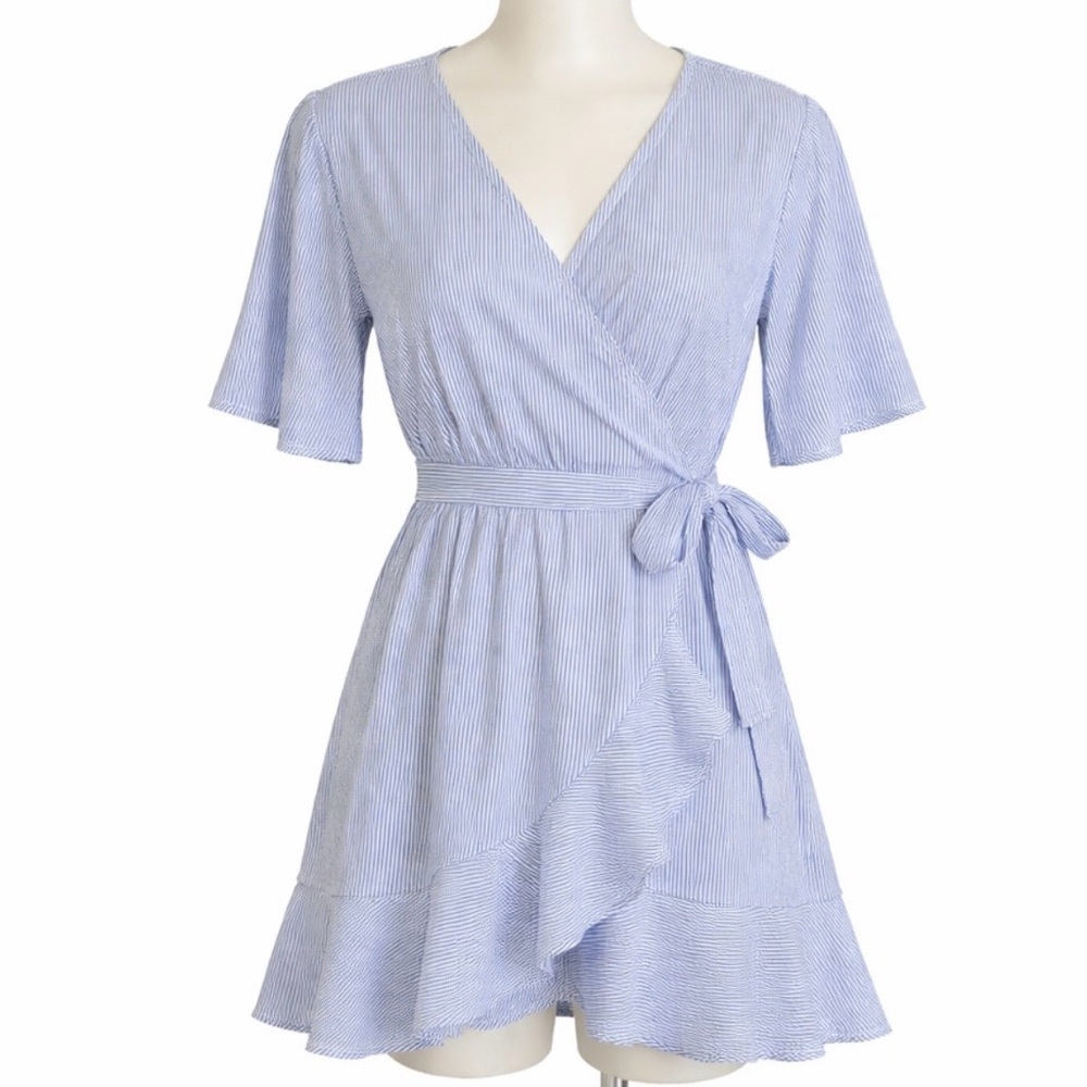 Listicle Blue White Pinstripe Wrap Mini Dress Cotton Summer Boho Small - Picture 2 of 6